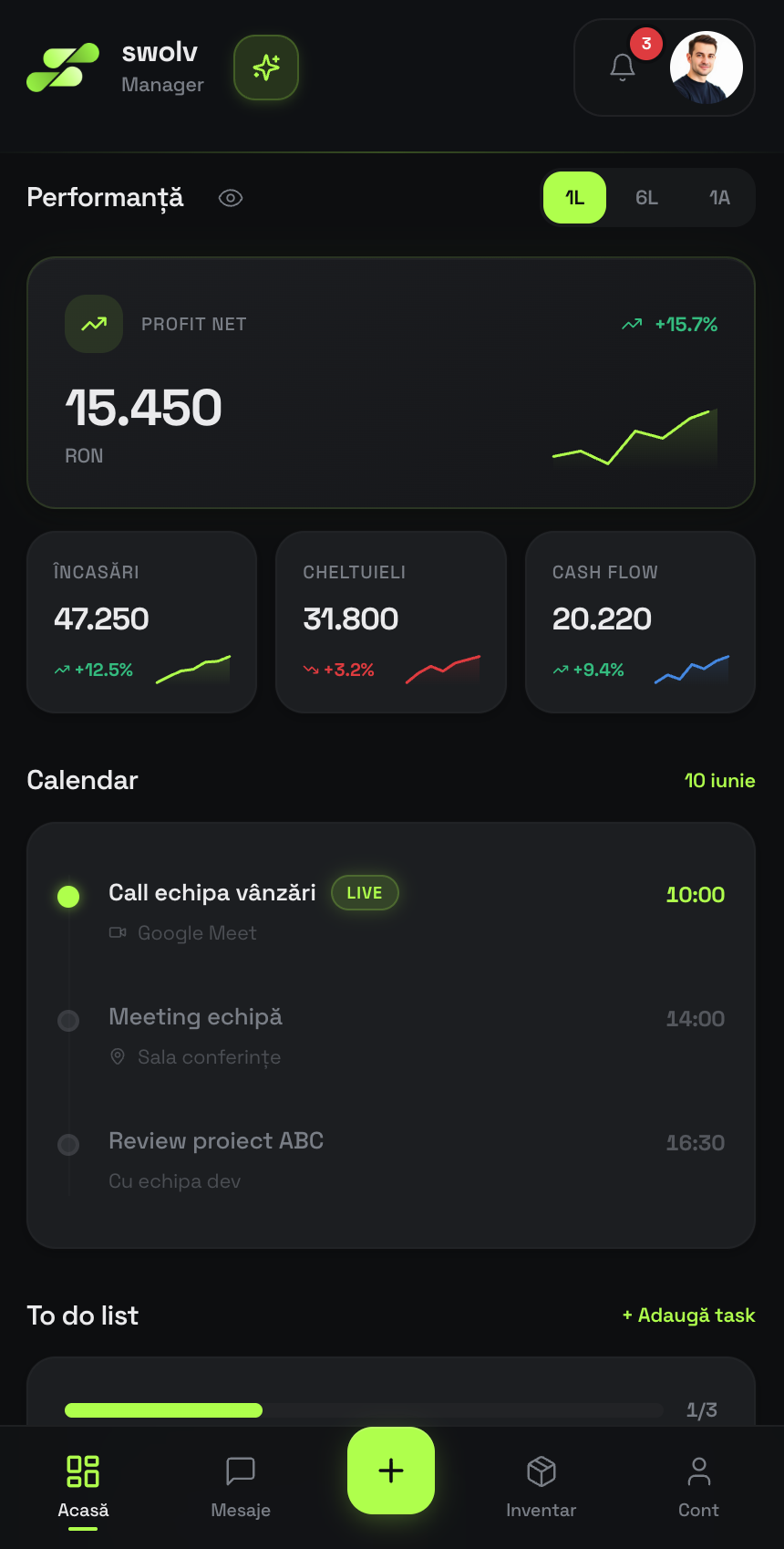 Swolv mobile app — manager view